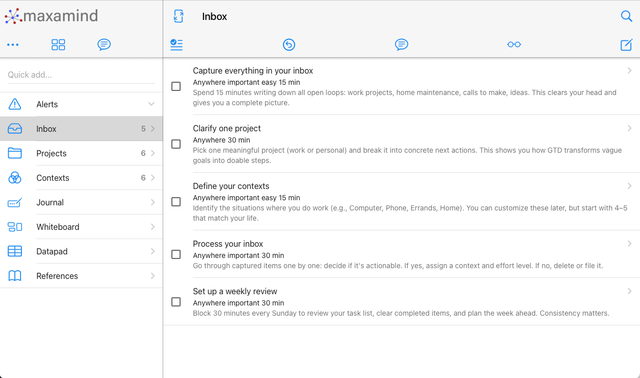 maxamind GTD task management on desktop